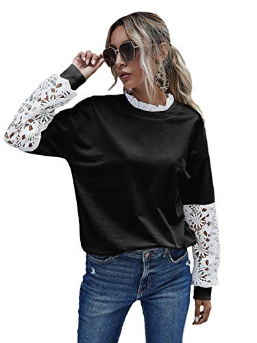 Romwe Women's Long Sleeve Round Neck Contrast Lace Beaded Cut Out Frill Causal Cotton Pullover Blouse Black Small
