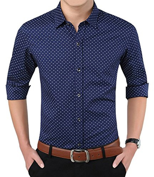 Aiyino Men's 100% Cotton Long Sleeve Slim Fit Button Down Dress Shirt (US XS, 17-Navy Blue)