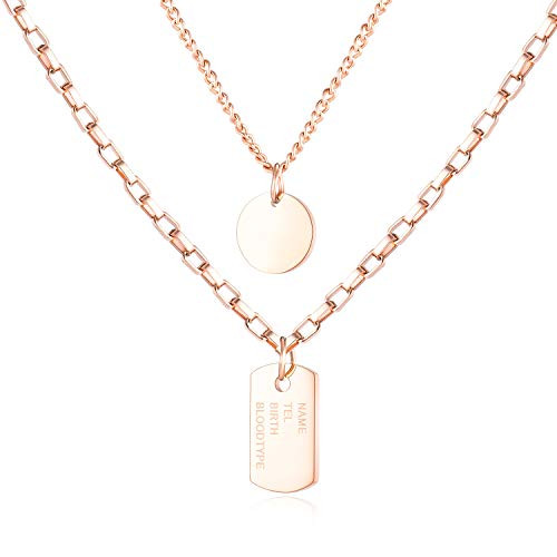 Rockyu Double Layered Necklaces for Women Rose Gold Plated Stainless Steel 2 Pendant Dog Tag and Round Tag Engraved Name Tel Birth Short Chain 14 Inch Simple Fashion Jewelry Birthday Gift