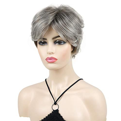 Wiginway Short Curly Wig Layers Synthetic Wigs Imported Premium Hair Natural Looking for Women Light Gray with Dark Roots