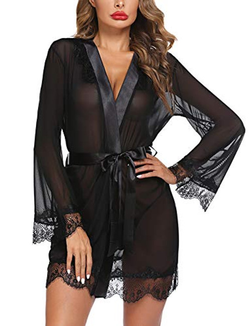 Avidlove Women's Lace Kimono Robe Sexy Babydoll Lingerie Set Mesh Nightgown Cover Up Black Avidlove Women's Lace Kimono Robe Sexy Babydoll Lingerie Set Mesh Nightgown Cover Up Black