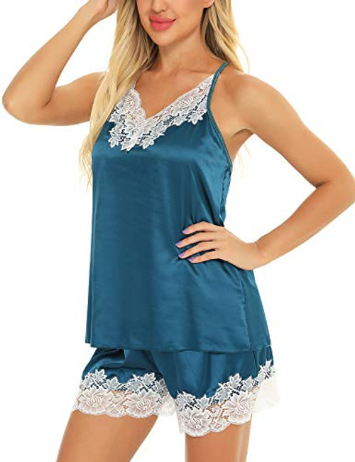 ARANEE Womens Satin Pajama Sets Sexy Lingeries Cami Shorts Set Lace Pj Sleepwear Set Dark Green ARANEE Womens Satin Pajama Sets Sexy Lingeries Cami Shorts Set Lace Pj Sleepwear Set Dark Green