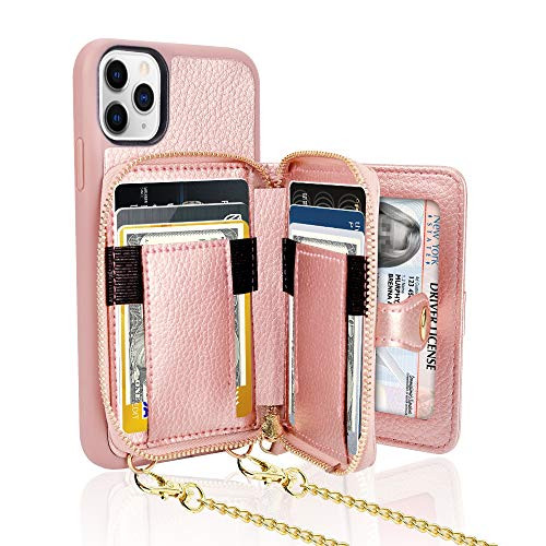iPhone 11 Pro Max Wallet Case, LAMEEKU iPhone 11 Pro Max Crossbody Case Wallet Leather Card Holder Slot Lanyard Case with Strap Zipper Purse Bumper Case for iPhone 11 Pro Max, 6.5''-Rose Gold