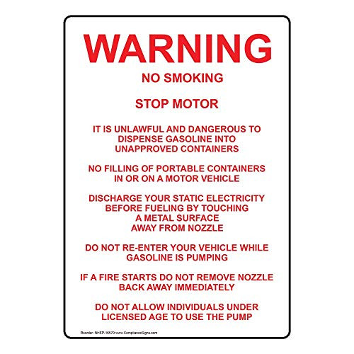 Vertical Warning No Smoking Stop Motor It is Dangerous Label Decal, 5x3.5 inch 4-Pack Vinyl for Fuel Hazmat by ComplianceSigns