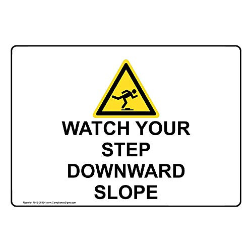 Watch Your Step Downward Slope Label Decal, 5x3.5 in. 4-Pack Vinyl by ComplianceSigns