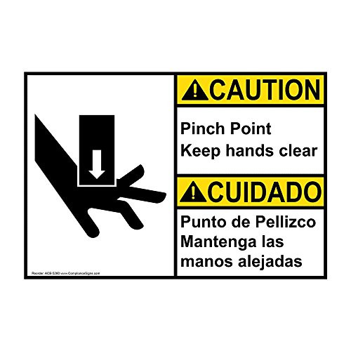 Caution Pinch Point Keep Hands Clear ANSI Bilingual Safety Label Decal, 5x3.5 inch 4-Pack Vinyl for Machinery by ComplianceSigns