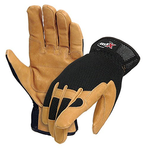 Galeton 9120055-L Max Extra DP Utility/Mechanics Pigskin Double Palm Work Gloves, Large, Black/Beige