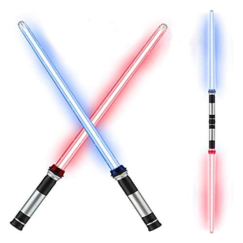 Light Up Saber - 2 Pack Telescopic Extendable and Collapsable Laser Sword - 2-in-1 LED Plus Sound FX Light Up Sword for Kids Costumes - Connects at Base to Become Double Bladed Saber Staff