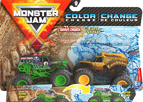 Monster Jam, Official Grave Digger vs. Earth Shaker Color-Changing Die-Cast Monster Trucks, 1:64 Scale