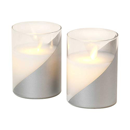 Lumabase 16202 Battery Operated LED Glass Candles with Moving Flame-Wraparound (Set of 2), Silver