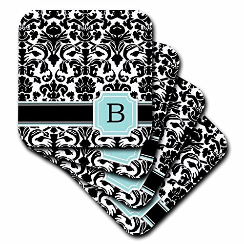 3dRose CST_154351_1 Letter B Personal Monogrammed Mint Blue Black and White Damask Pattern Classy Personalized Initial Soft Coasters, Set of 4