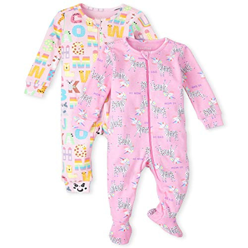 The Children's Place Baby and Toddler Girls ABC Animal Snug Fit Cotton One Piece Pajamas 2-Pack, SPARKLPINK, 9-12MOS