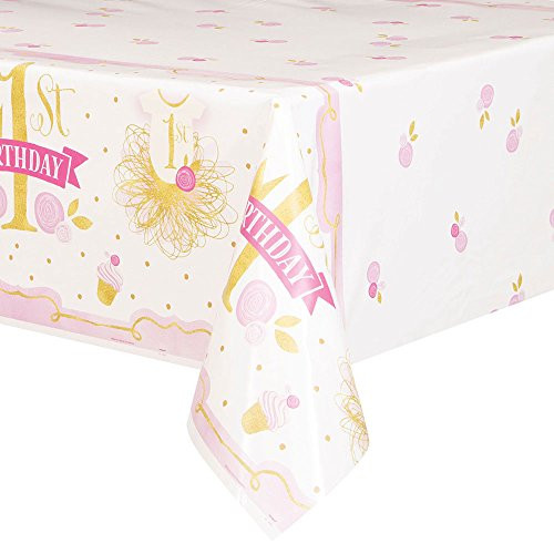 Pink and Gold Girls 1st Birthday Plastic Tablecloth, 84" x 54"