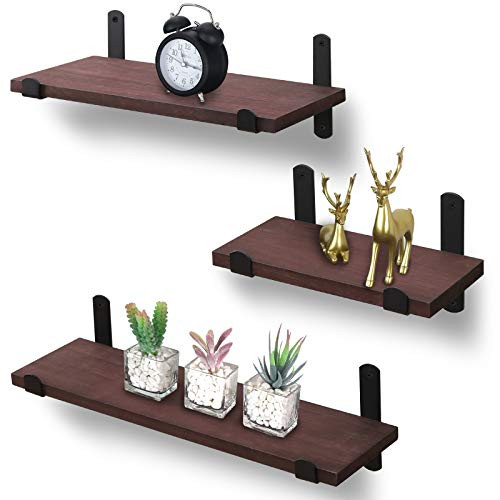Floating Shelves Wall Mounted Set of 3, Rustic Wood Wall Shelf Storage Shelves Display Ledge Decoration Rack for Bedroom Living Room Bathroom Kitchen Office