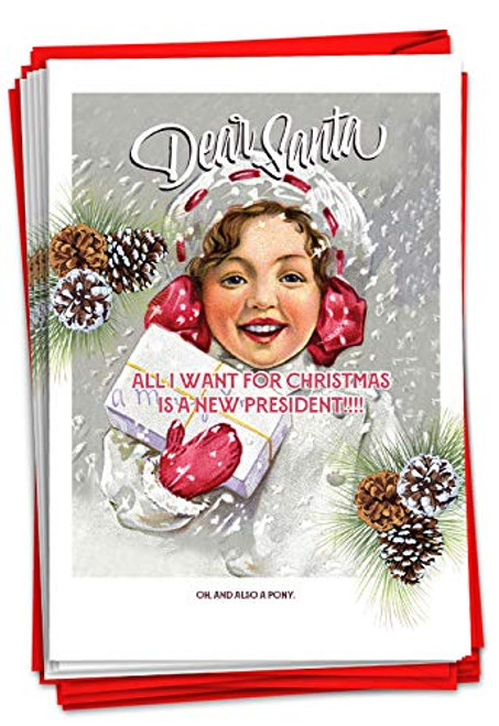 NobleWorks - 12 Funny Merry Christmas Cards (1 Design, 12 Cards) - Humor Notecard Set for Christmas, Boxed Holiday Greetings - Pony and President C3421XSG-B12x1