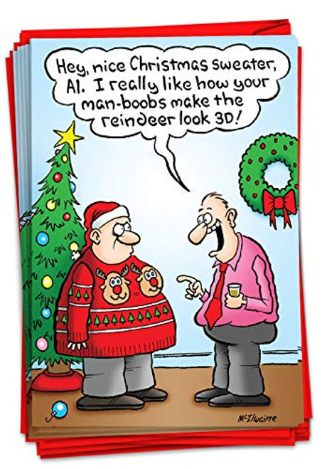 NobleWorks - 12 Cartoon Humor Christmas Cards with Envelopes - Adult Funny Comics, Boxed Holiday Greetings (1 Design, 12 Cards) - Man Boobs 3D Reindeer B1896 NobleWorks - 12 Cartoon Humor Christmas Cards with Envelopes - Adult Funny Comics, Boxed Holiday Greetings (1 Design, 12 Cards) - Man Boobs 3D Reindeer B1896