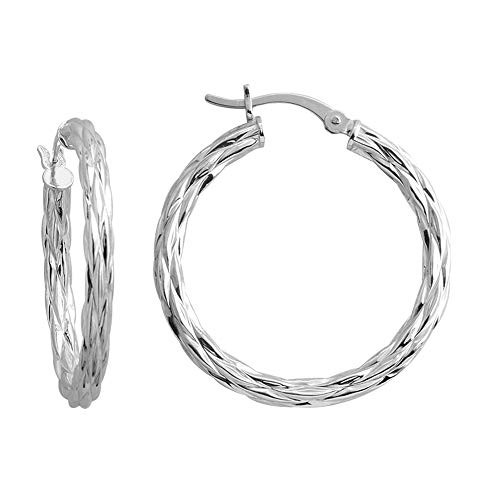 LeCalla Sterling Silver Jewelry Round Rhodium-Plated Texture Hoop Earrings for Women LeCalla Sterling Silver Jewelry Round Rhodium-Plated Texture Hoop Earrings for Women