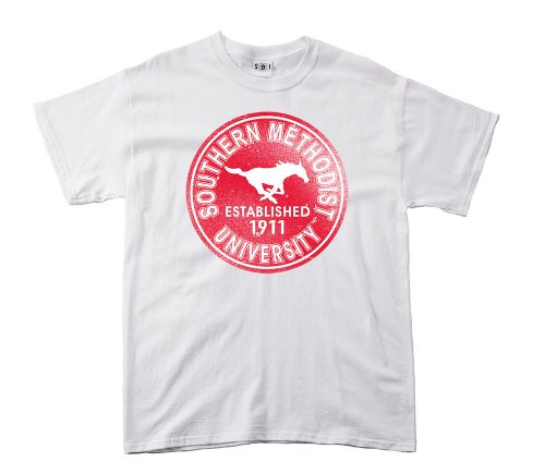 SMU Mustangs 100-Percent Pre-Shrunk Vintage Circle College Short Sleeve Tee, Small, White