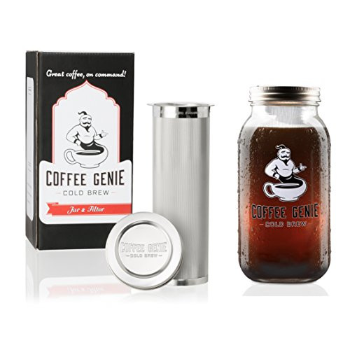 Coffee Genie Cold Brew Coffee Maker-2qt Iced Coffee Maker w/Ball Mason Jar and Stainless Steel Cold Brew Filter Infuser for Delicious Ice Coffee or Cold Brewed Iced Tea (64oz)