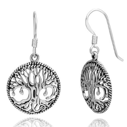 925 Sterling Silver Detailed Celtic Tree of Life Round Dangle Hook Earrings 925 Sterling Silver Detailed Celtic Tree of Life Round Dangle Hook Earrings
