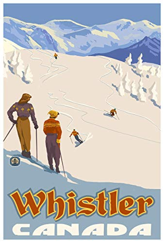 Whistler Canada Mountain Slope Skiers Giclee Art Print Poster from Original Travel Artwork by Artist Paul A. Lanquist 12" x 18"