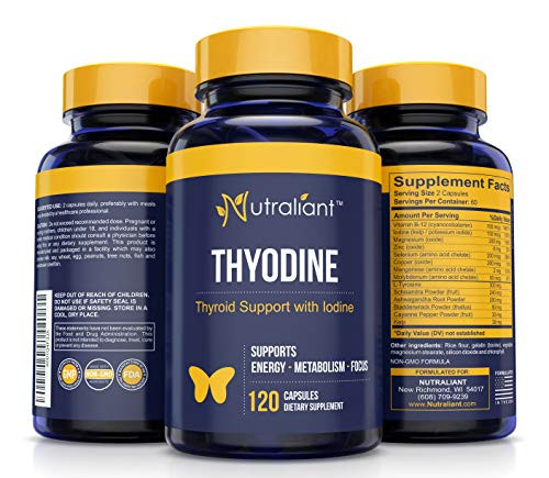 1 Thyroid Support Supplement w/Iodine, Vitamin B12, Magnesium, Selenium, L-Tyrosine, Ashwagandha, Bladderwrack Plus Supports Energy, Metabolism  and  Brain Function - Big Savings 2X Amount A 120 Capsules
