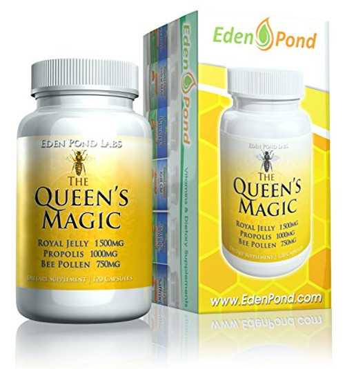 Eden Pond Queen's Magic Bee Pollen (Royal Jelly 1000mg, Propolis 750mg, Beepollen 1500mg) in 3 Daily Capsules, 120Count
