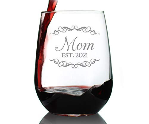 Mom Est 2021 - New Moms Stemless Wine Glass Gift for First Time Mommy - Decorative Large Glasses