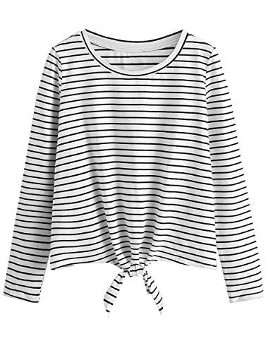 Romwe Women's Striped Long Sleeve Tie Front Knot Casual Loose Fit Tee T-Shirt White S
