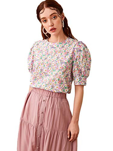 Romwe Women's Boho Floral Puff Short Sleeve Round Neck Blouse Tops Multicolor M