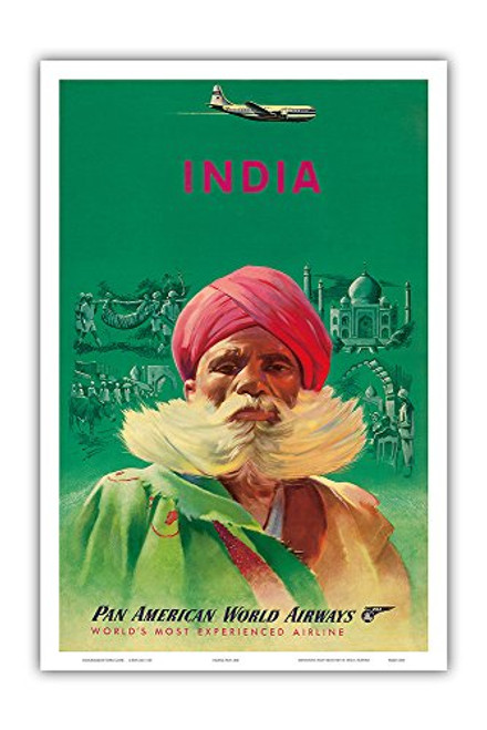 Pacifica Island Art - India - Sikh in Red Turban - Pan American World Airways - Vintage Airline Travel Poster c.1950s - Master Art Print - 12in x 18in Pacifica Island Art - India - Sikh in Red Turban - Pan American World Airways - Vintage Airline Travel Poster c.1950s - Master Art Print - 12in x 18in