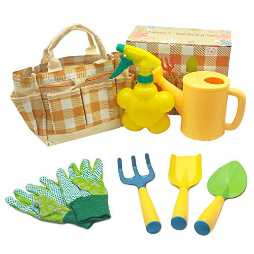 Malifea Kids Gardening Tool Set Colorful Children Garden Tools Fun Toys with Watering Can Gardening Gloves Shovel Rake Trowel Real Water Sprayer Garden Tote Bag - Gifts for Boys and Girls