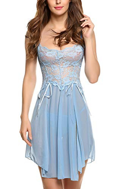 Avidlove Women Lace Lingerie Babydoll Dress Strap Chemise Sleepwear Sexy Nighty S-XXL (Baby Blue, Medium)