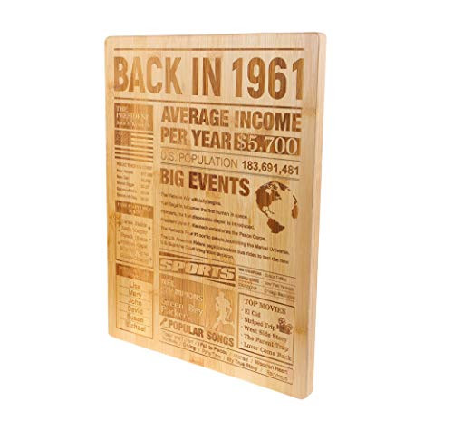 60th Birthday Gift  Large Bamboo Cutting Board with Laser Engraved Back in 1961 Newspaper Poster, 60th Birthday Party Decorations Supplies for Men and Women