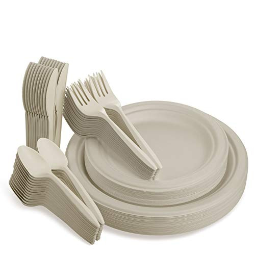 Fuyit 125Pcs Disposable Dinnerware Set, Compostable Sugarcane Cutlery Eco-Friendly Tableware - Microwavable Biodegradable Paper Plates, Forks, Knives and Spoons Combo for Party, BBQ, Picnic(Natural) Fuyit 125Pcs Disposable Dinnerware Set, Compostable Sugarcane Cutlery Eco-Friendly Tableware - Microwavable Biodegradable Paper Plates, Forks, Knives and Spoons Combo for Party, BBQ, Picnic(Natural)
