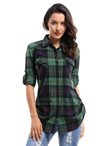 OCHENTA Women's Long Sleeve Button Down Plaid Flannel Shirt D120 Green L