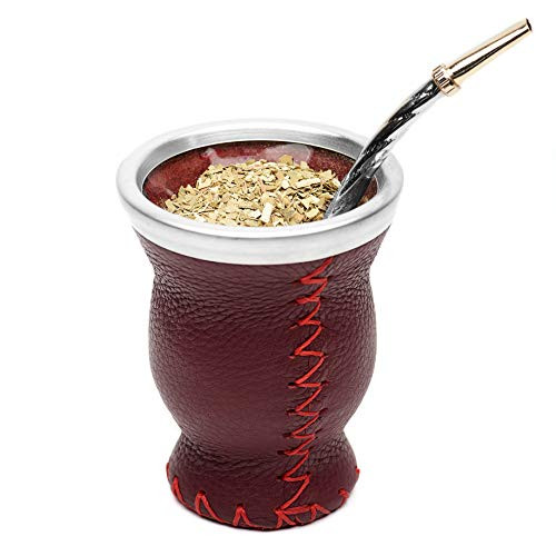 Balibetov -New- Leather  and  Glass Yerba Mate Gourd Set (Mate Cup) with Yerba Mate Bombilla (Straw) (Burgundy)