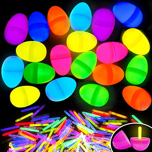 200 Pcs Easter Glow Eggs Basket Stuffers, 100 Eggs and 100 Glow Sticks Bulk for Kids Glow In The Dark Plastic Easter Hunt Egg Gifts, Easter Game Party Favor Decorations, Boys Girls Class Prizes