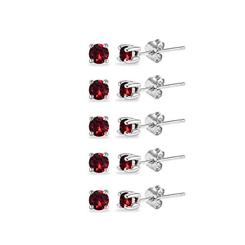 5-Pair Set Sterling Silver Dark Red 4mm Round Stud Earrings Made with Swarovski Crystals