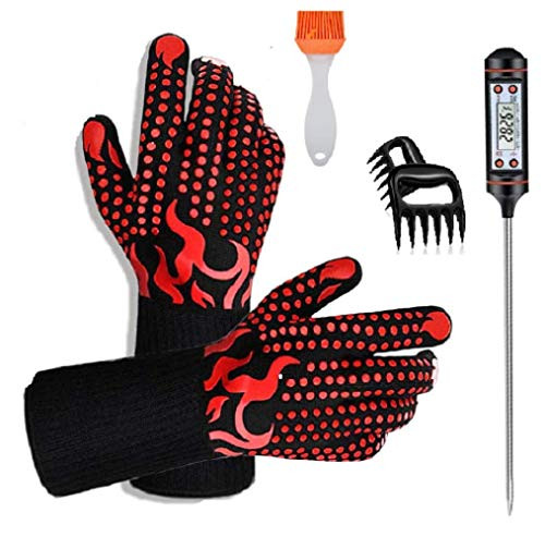 BBQ Gloves,Oven Gloves 1472? 4 in 1 Grilling Set with 1 Meat Thermometer 2 Bear Claws Meat Shredder and Basting Brush Silicone for Barbecue,Cooking, Baking, Welding,Cutting,14 Inch
