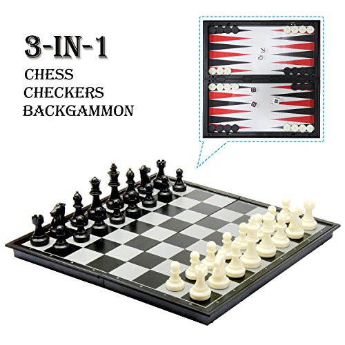 Amerous 3-in-1 12" Folding Travel Magnetic Chess /Checker and Backgammon Chess Set, Chess Board Game Gifts for Kids or Adults
