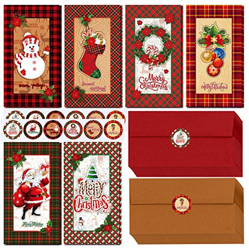 96 Sets 6 Festive Buffalo Plaid Designs Merry Christmas Money Cash Gift Cards Holders Christmas Money Card Cash Card Holder Money Wallet Holiday Cards Snowman Santa Winter Gift Cards with Envelopes