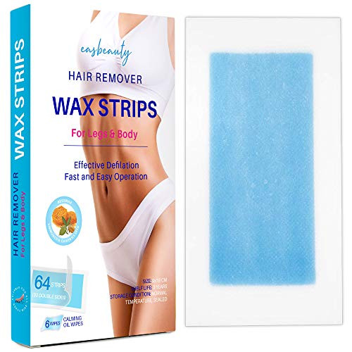 Easbeauty Hair Removal Wax Strips  Wax Strips for Arms, Legs, Underarm Hair, Eyebrow, Bikini, and Brazilian Hair Removal Contains 64 Strips , with 6 Calming Oil Wipes