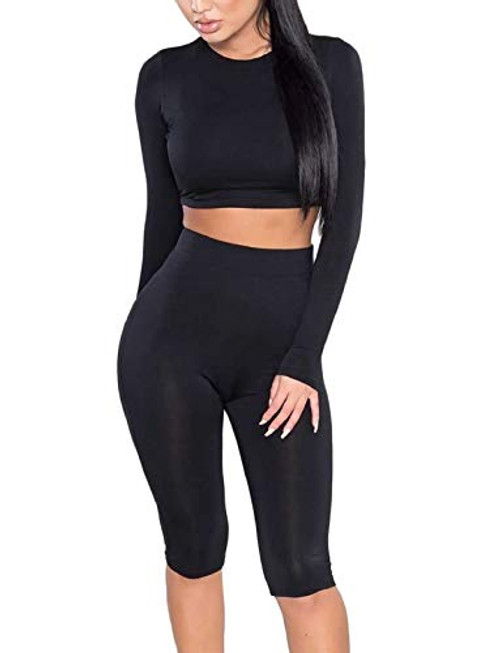 Amilia Womens Sexy Long Sleeve Crop Tops High Waist Leggings 2 Piece Bodycon Set Casual Outfit Tracksuit Black,Medium