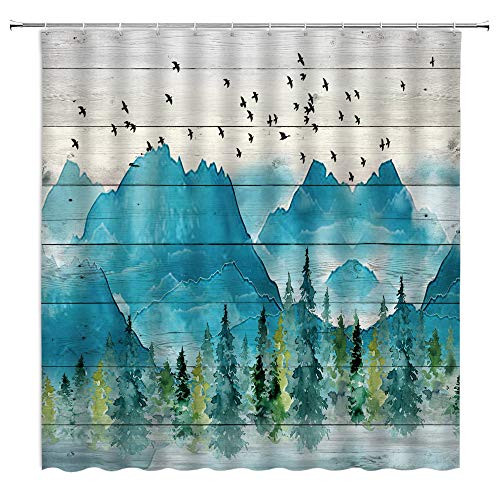 Forest Shower Curtain Foggy Watercolor Rainforest Pine Tree Green Fir Birds Nature Mountain Woodland Rustic Wooden Board Farmhouse Retro Vintage Bathroom Curtains Decor Fabric 70x70 Inches with Hooks