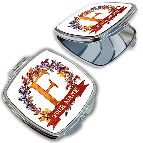 BRGiftShop Personalized Custom Name Beautiful Autumn Wreath With Red Name Banner Monogram Letter F Compact Pocket Cosmetic Mirror