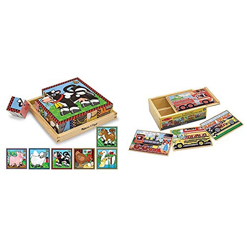 Melissa  and  Doug Farm Wooden Cube Puzzle with Storage Tray - 6 Puzzles in 1 (16 Pieces)  and  Vehicles 4-in-1 Wooden Jigsaw Puzzles