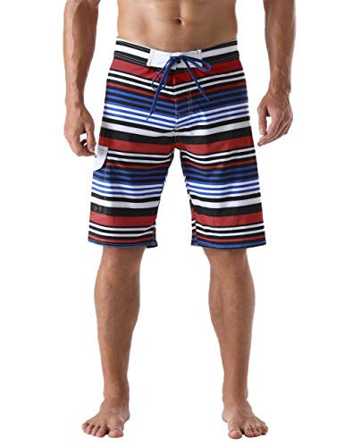 Nonwe Men's Swimming Trunks Quick Dry Striped Sportwear Boardshorts Drawstring Blue  and  Red 34