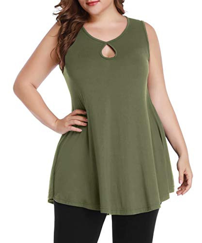 MONNURO Women's Plus Size Sleeveless Keyhole Summer Sexy Shirts Casual Loose Flowy Swing Tunic Tank Tops(Army Green,4X)