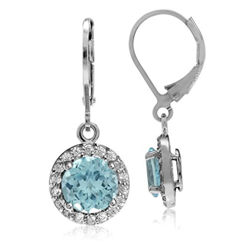 Silvershake 3.16ct. 7mm Genuine Round Shape Blue Topaz 925 Sterling Silver Halo Leverback Earrings